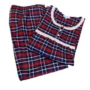 Cuddledown Plaid Flannel Pajamas Size XXL Red Navy Eyelet Prairie Grannycore